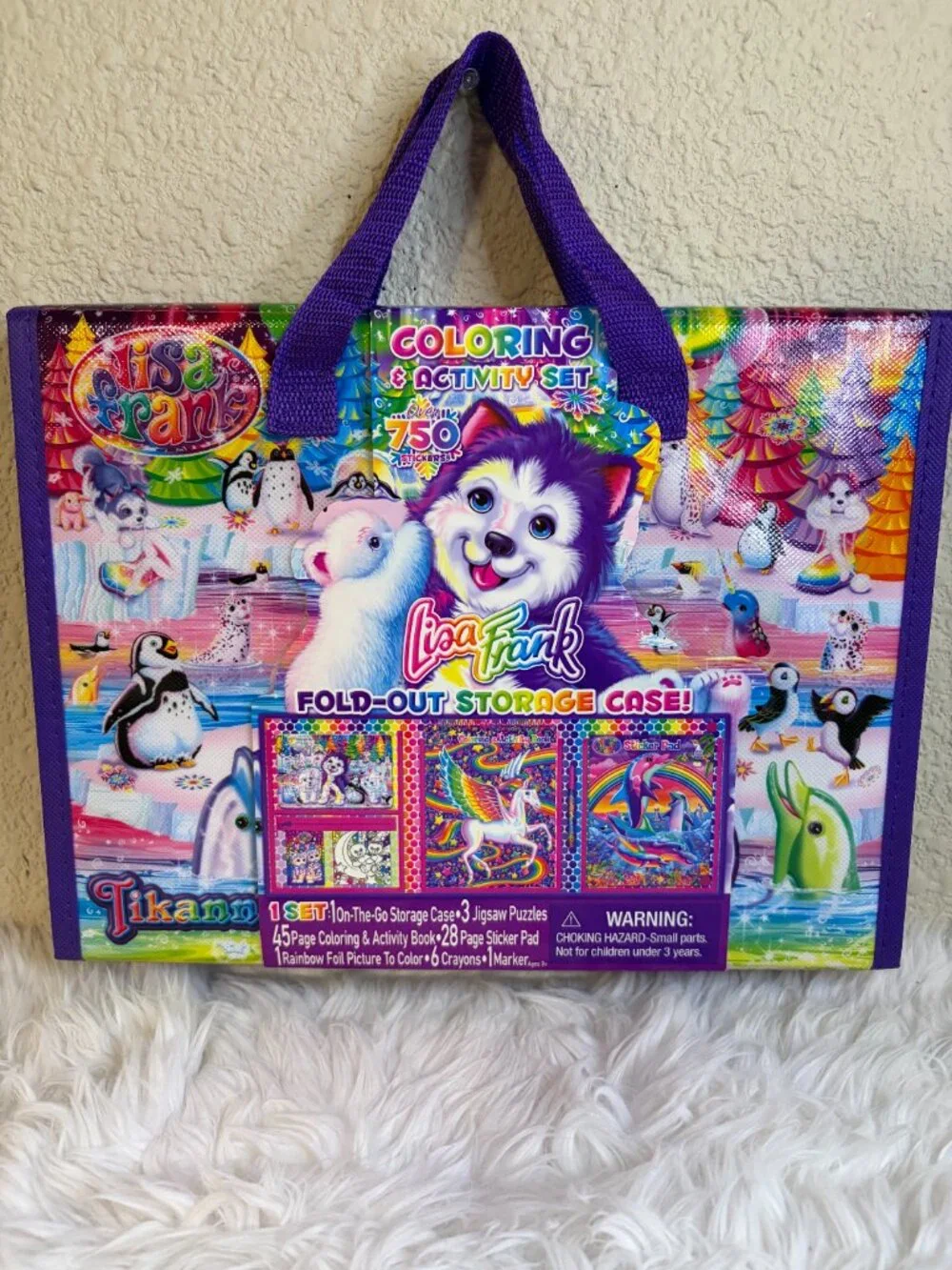 Lisa Frank Coloring Activity Set Fold Out Storage Case Stickers Puzzles NWT